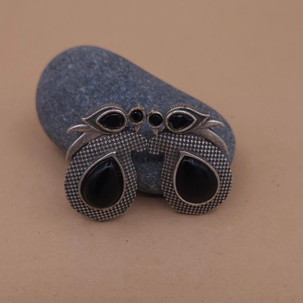 Handcrafted Anti-Tarnish Bird Motif Silver Replica Brass Stud Earrings - Black Monalisa Stone