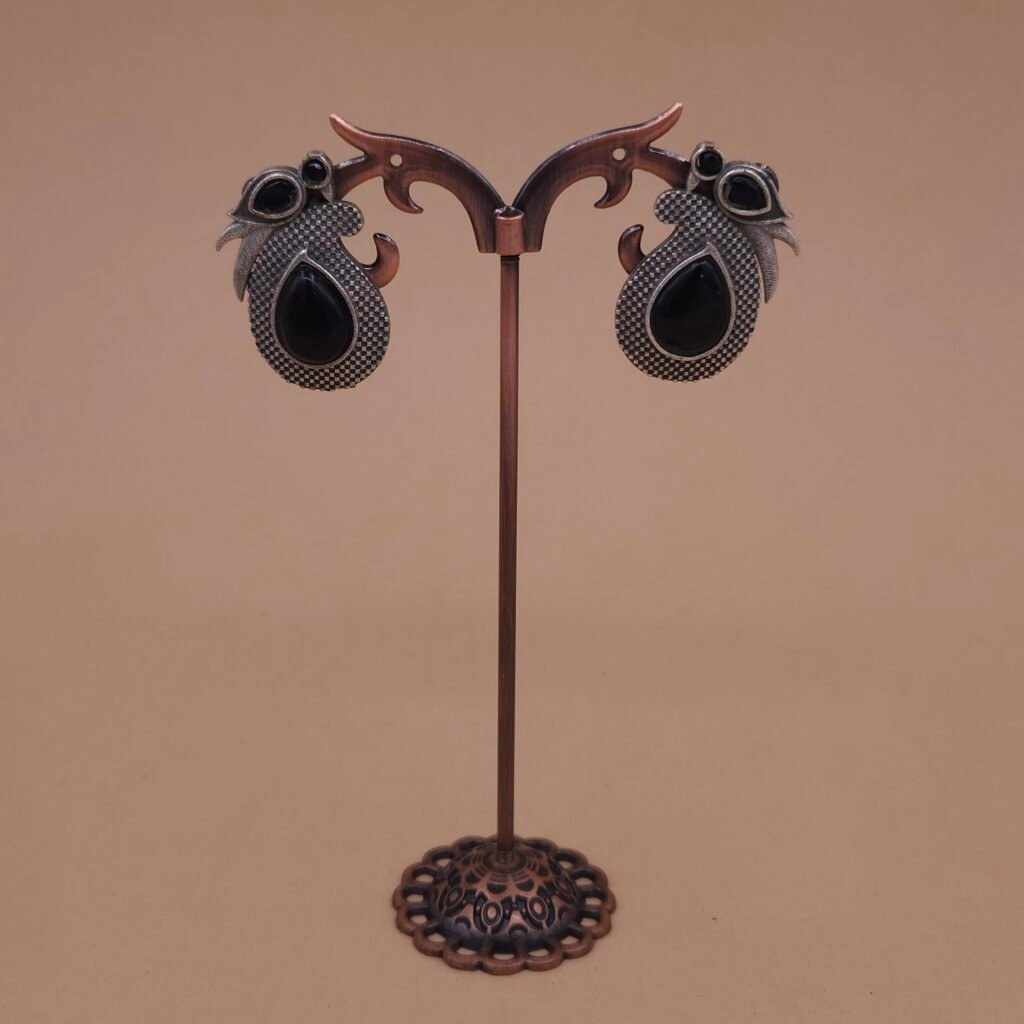 Handcrafted Anti-Tarnish Bird Motif Silver Replica Brass Stud Earrings - Black Monalisa Stone