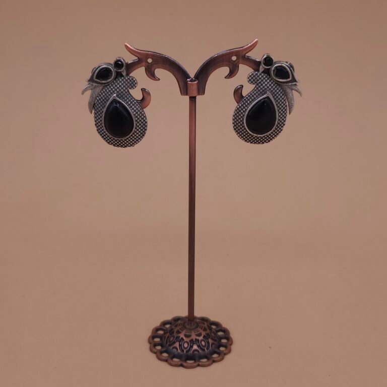 Handcrafted Anti-Tarnish Bird Motif Silver Replica Brass Stud Earrings - Black Monalisa Stone