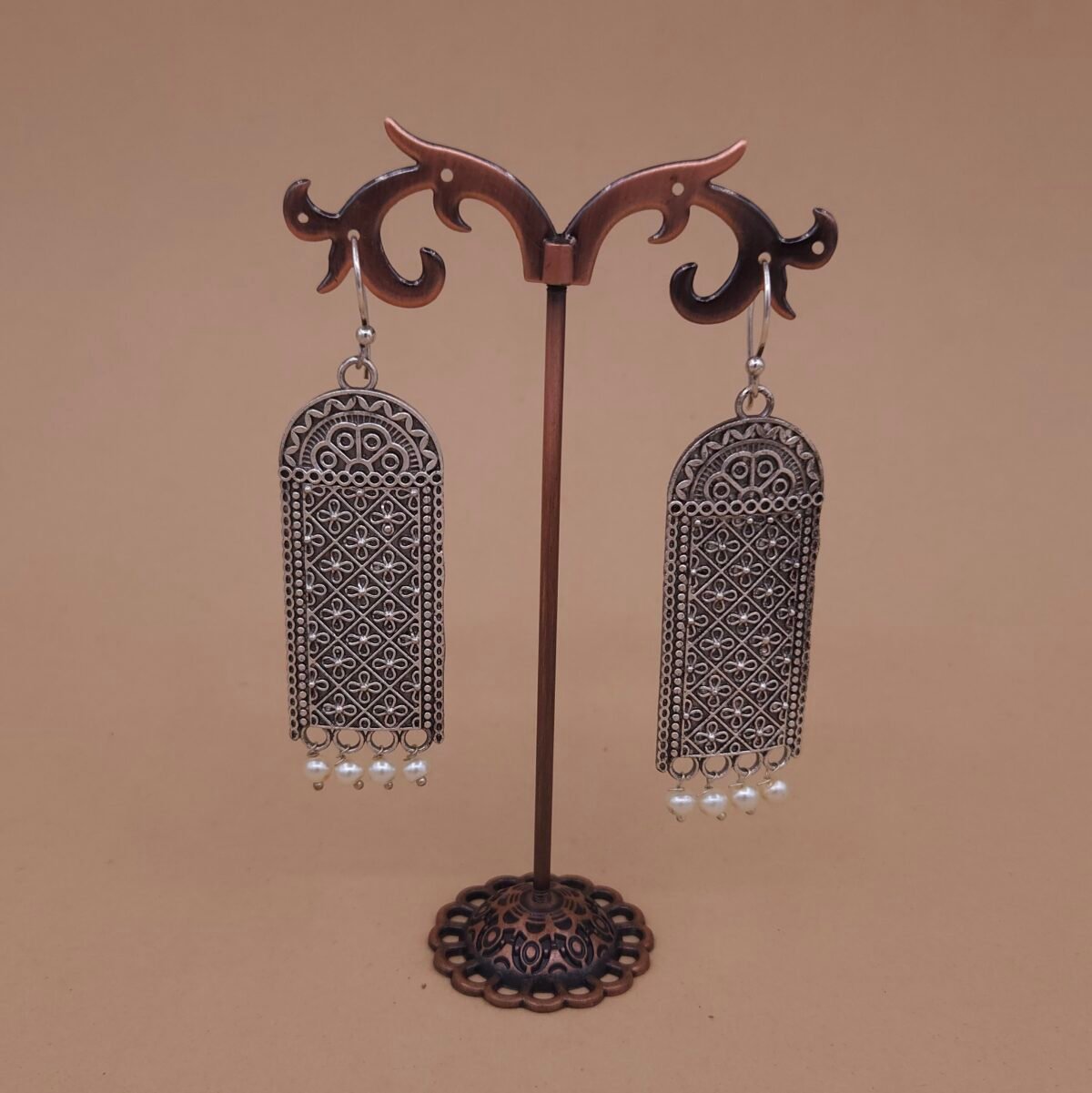 Handcrafted Anti-Tarnish Silver Replica Brass Rectangle Drop Earrings with Pearls