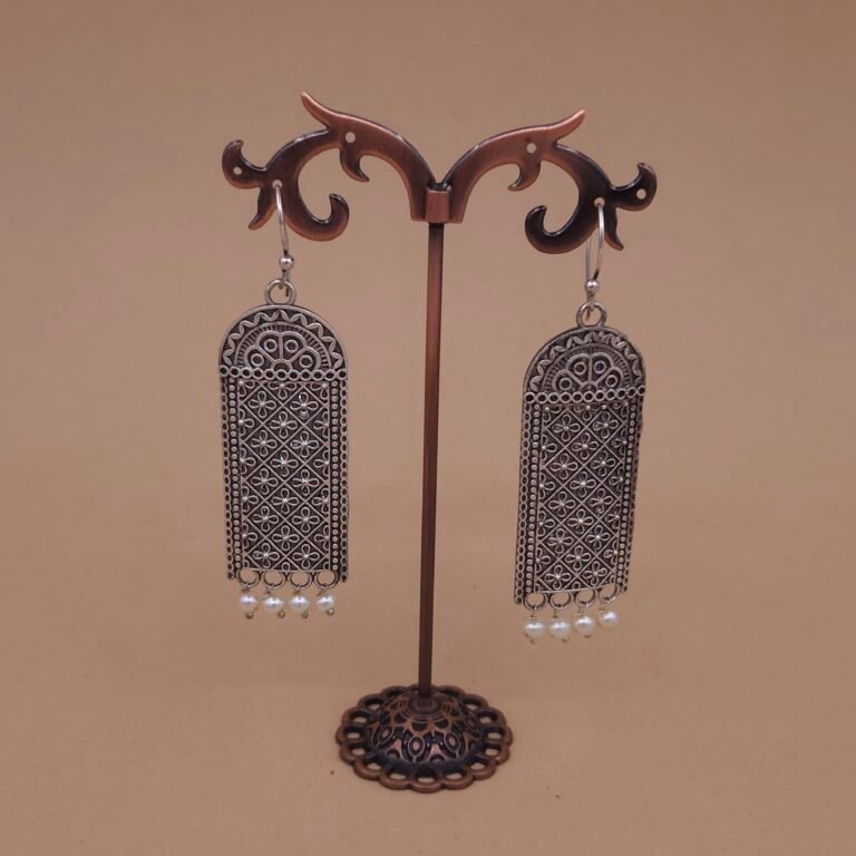 Handcrafted Anti-Tarnish Silver Replica Brass Rectangle Drop Earrings with Pearls