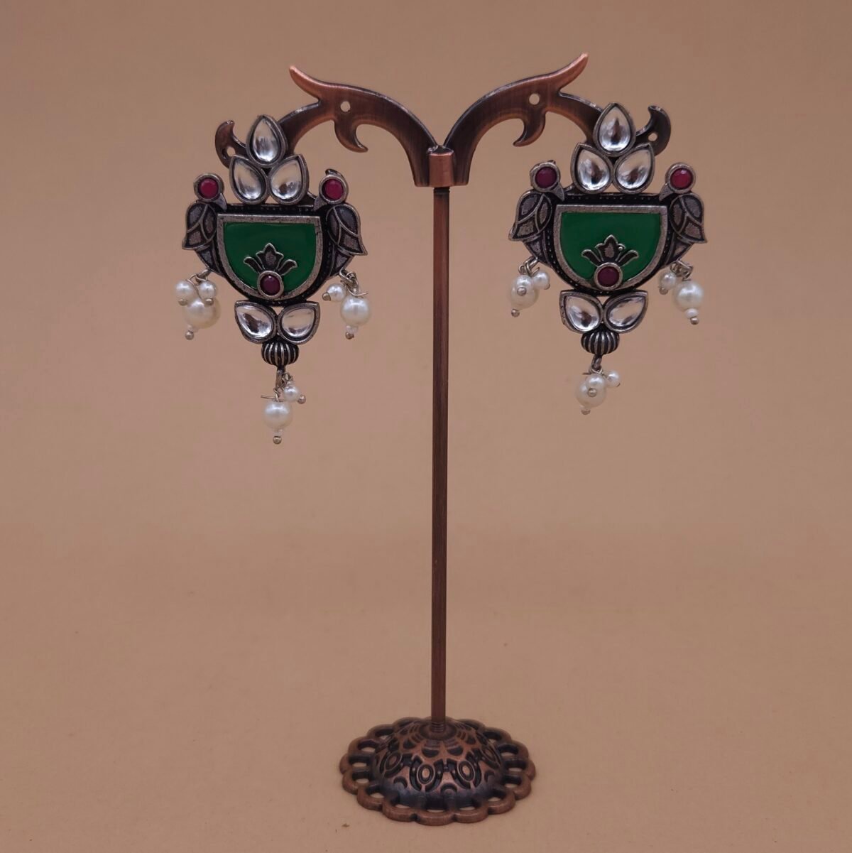 Handcrafted Monalisa Stone Bird Motif Silver Replica Brass Earrings with Pearls