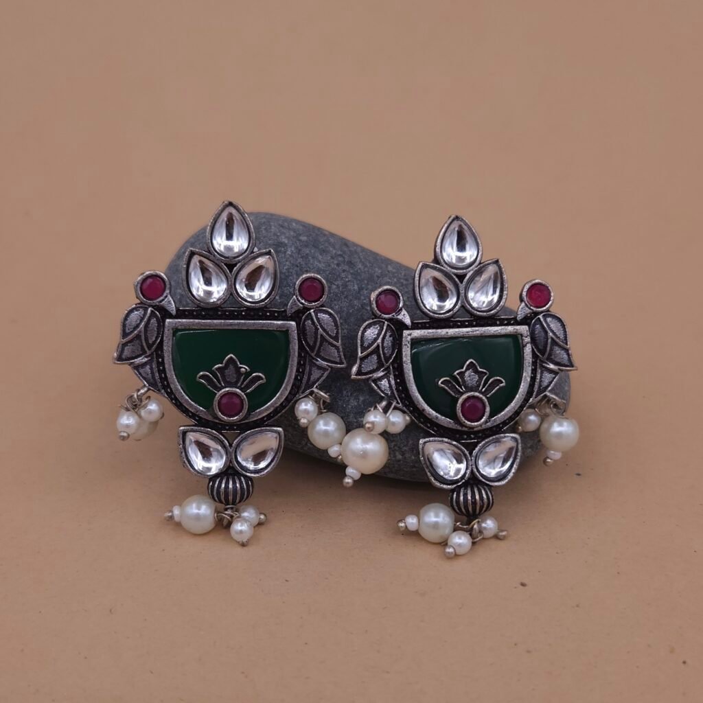 Handcrafted Monalisa Stone Bird Motif Silver Replica Brass Earrings with Pearls