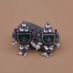 Handcrafted Monalisa Stone Bird Motif Silver Replica Brass Earrings with Pearls