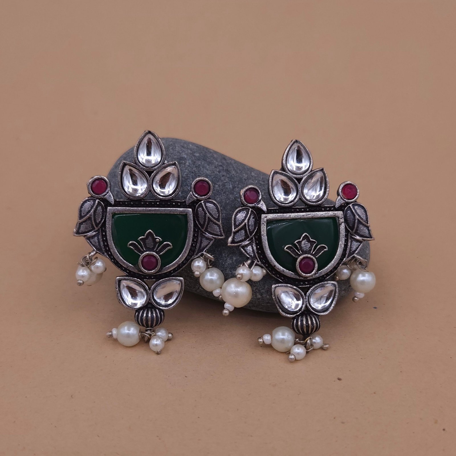 Handcrafted Monalisa Stone Bird Motif Silver Replica Brass Earrings with Pearls Handcrafted Monalisa Stone Bird Motif Silver Replica Brass Earrings with Pearls