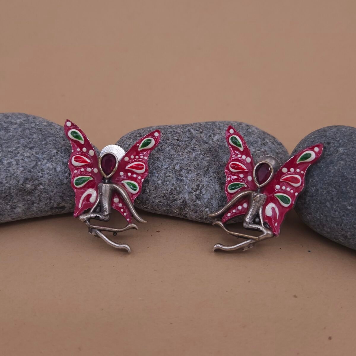 Handcrafted Enamel Butterfly Motif Brass Stud Earrings - Red & Green