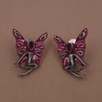 Handcrafted Enamel Butterfly Motif Brass Stud Earrings - Red & Green