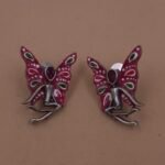 Handcrafted Enamel Butterfly Motif Brass Stud Earrings - Red & Green