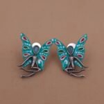 Handcrafted Aqua Blue Enamel Butterfly Motif Brass Stud Earrings
