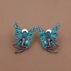 Handcrafted Aqua Blue Enamel Butterfly Motif Brass Stud Earrings