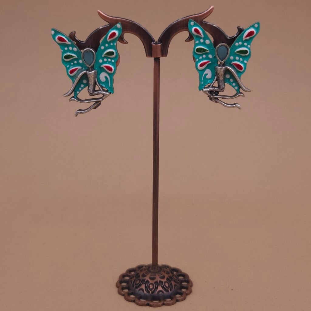 Handcrafted Aqua Blue Enamel Butterfly Motif Brass Stud Earrings