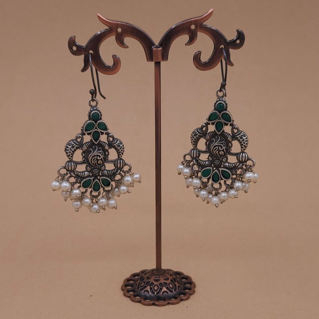 Handcrafted Green Peacock Motif Silver Replica Brass Dangler Earrings with Pearls