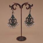 Handcrafted Green Peacock Motif Silver Replica Brass Dangler Earrings with Pearls