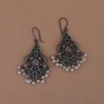 Handcrafted Green Peacock Motif Silver Replica Brass Dangler Earrings with Pearls