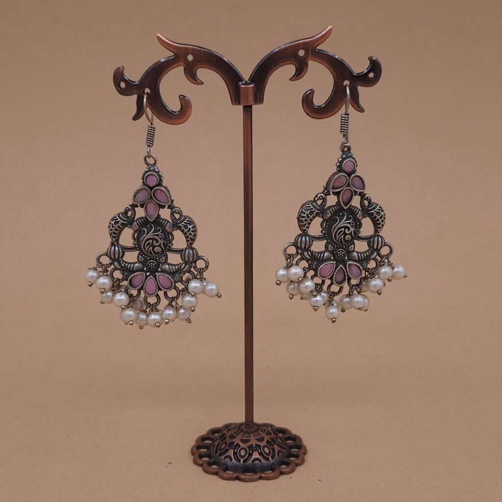 Handcrafted Anti-Tarnish Pink Peacock Motif Silver Replica Brass Dangler Earrings with Pearls