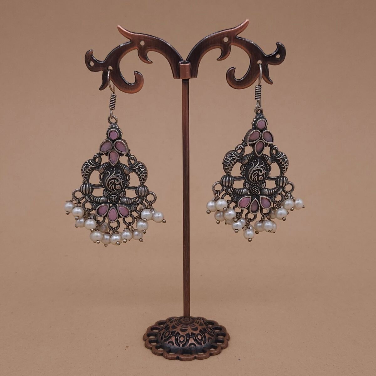 Handcrafted Anti-Tarnish Pink Peacock Motif Silver Replica Brass Dangler Earrings with Pearls
