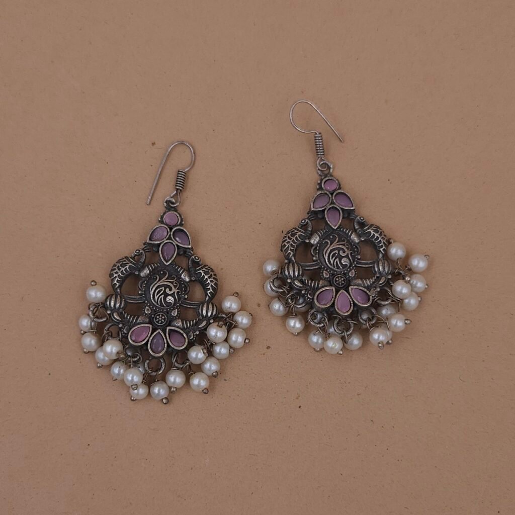 Handcrafted Anti-Tarnish Pink Peacock Motif Silver Replica Brass Dangler Earrings with Pearls