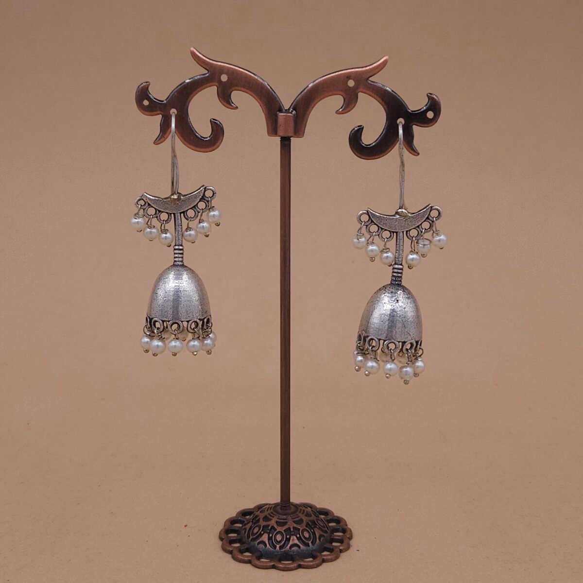 Handcrafted Anti-Tarnish Silver Replica Brass Jhumka Earrings with Pearl Drops