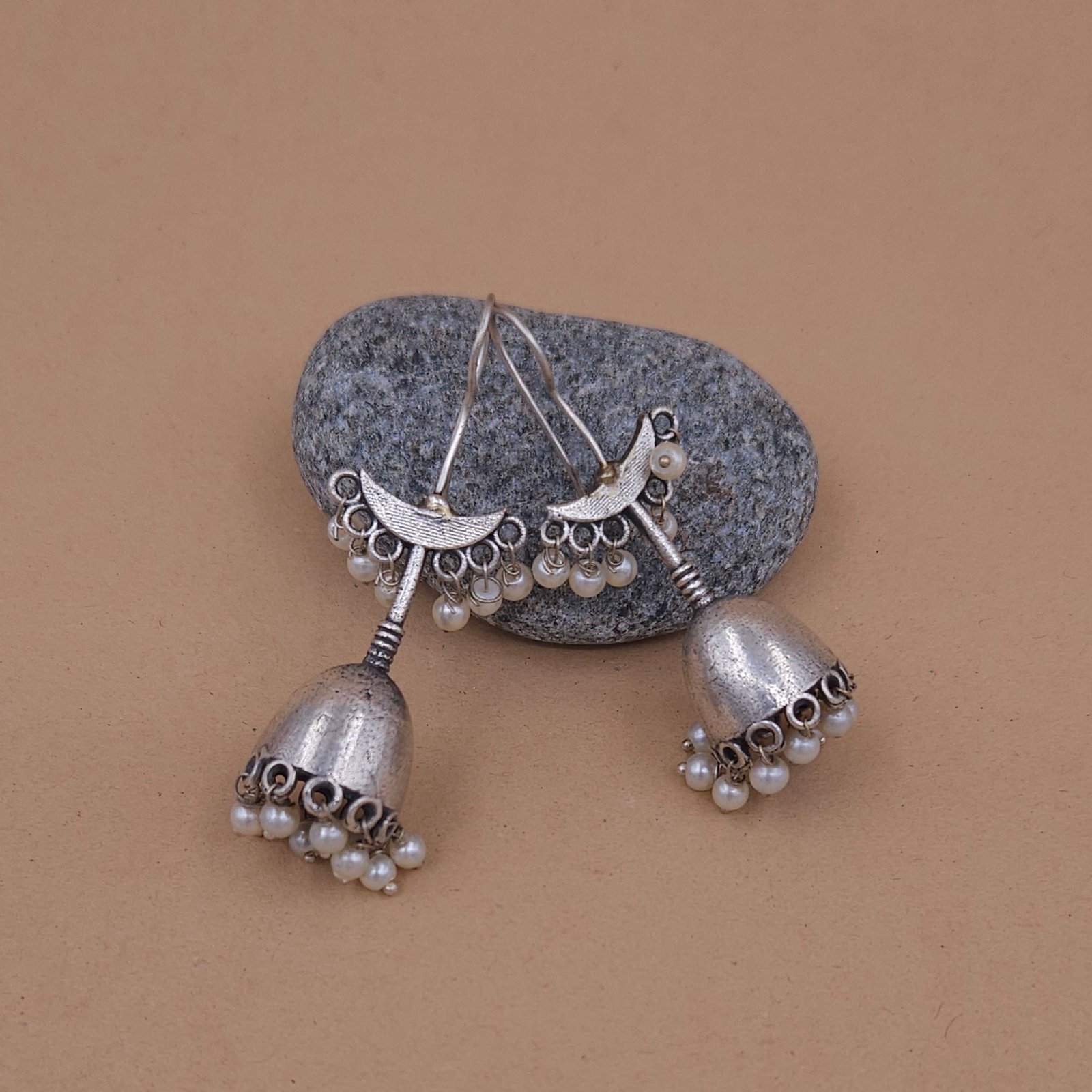 Handcrafted Anti-Tarnish Silver Replica Brass Jhumka Earrings with Pearl Drops Handcrafted Anti-Tarnish Silver Replica Brass Jhumka Earrings with Pearl Drops