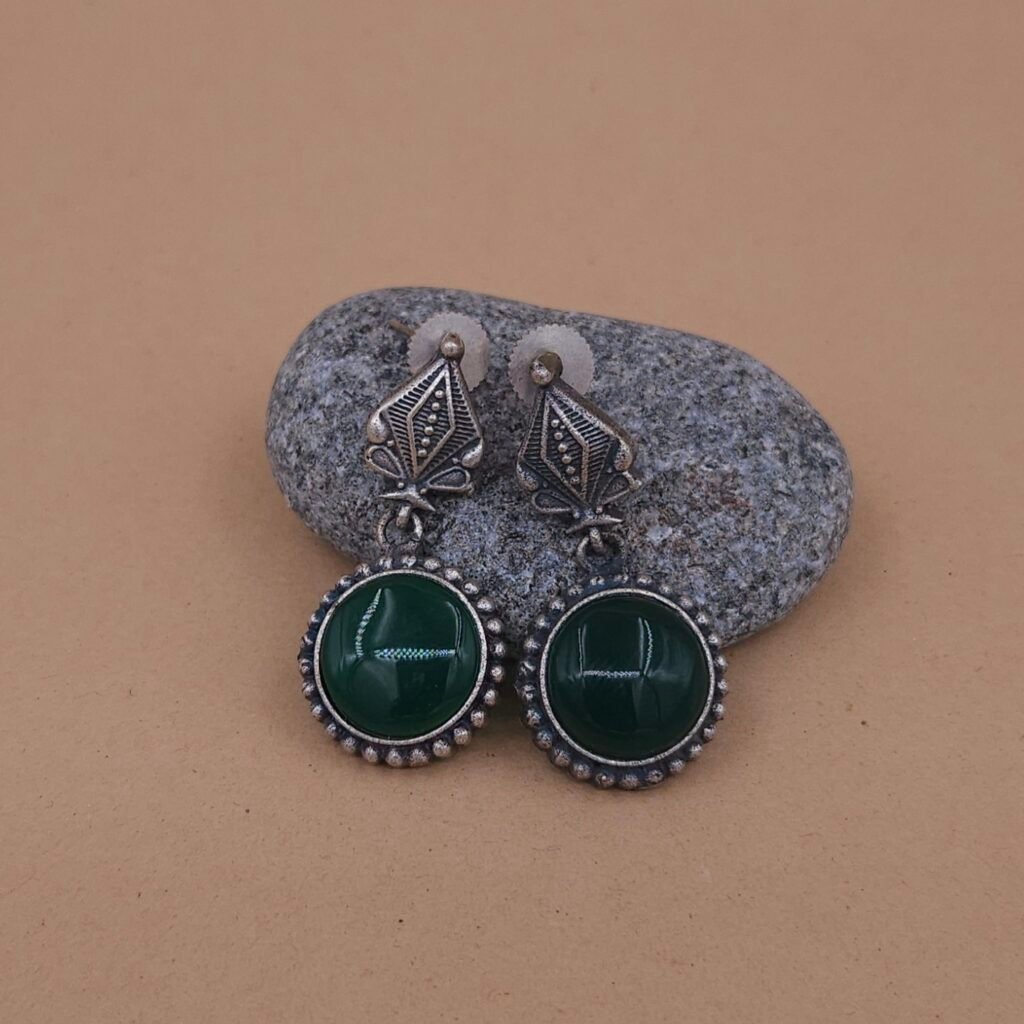Handcrafted Green Monalisa Stone Silver Replica Brass Drop Earrings