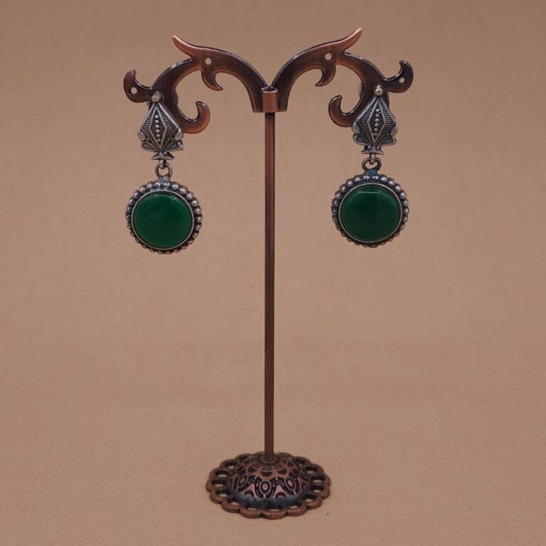 Handcrafted Green Monalisa Stone Silver Replica Brass Drop Earrings
