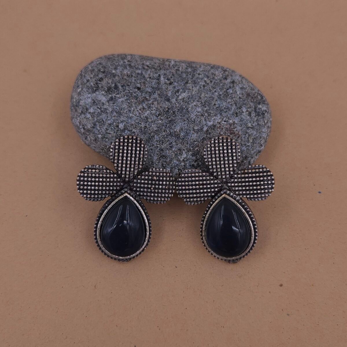 Handcrafted Anti-Tarnish Blue Monalisa Stone Silver Replica Brass Floral Stud Earrings