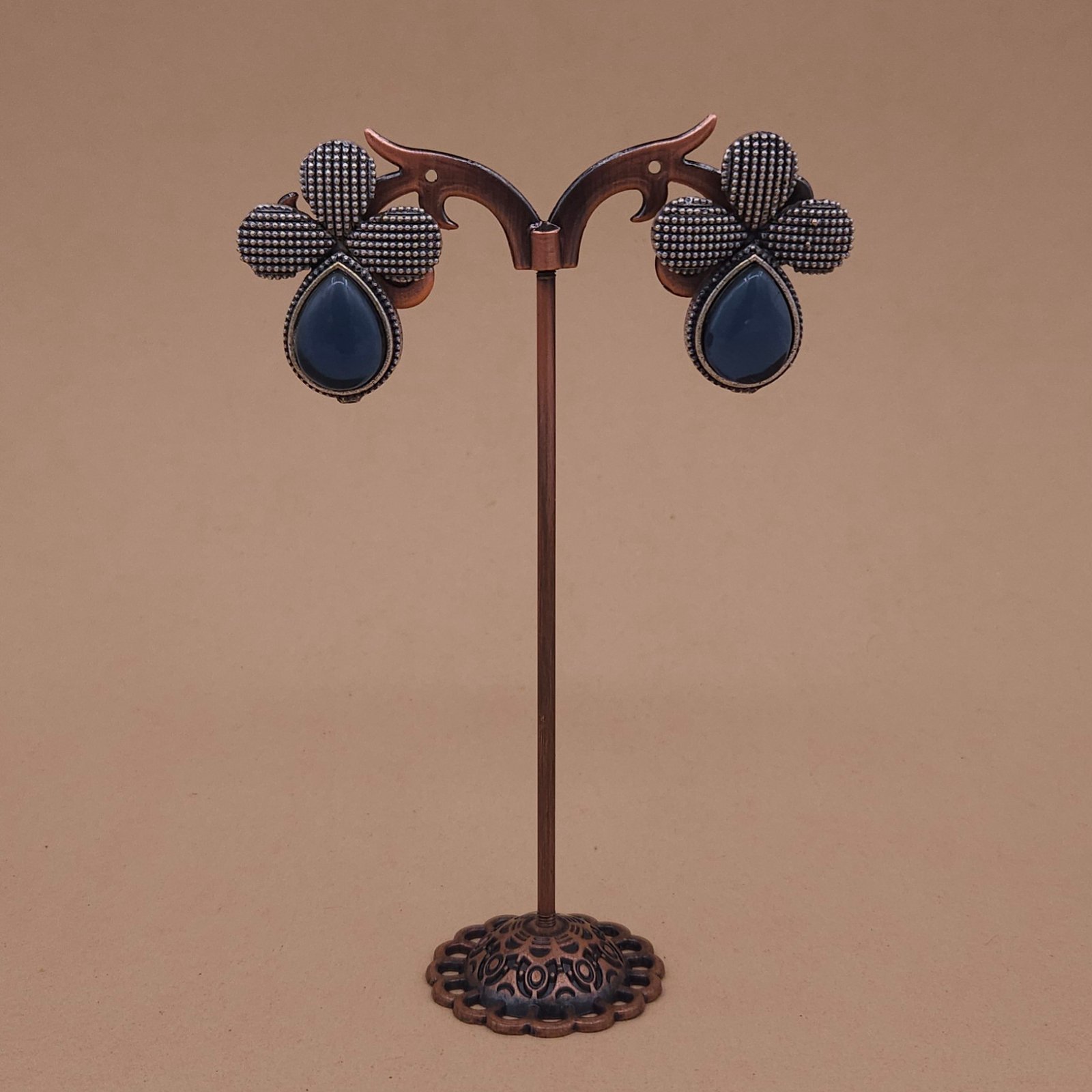 Handcrafted Anti-Tarnish Blue Monalisa Stone Silver Replica Brass Floral Stud Earrings Handcrafted Anti-Tarnish Blue Monalisa Stone Silver Replica Brass Floral Stud Earrings