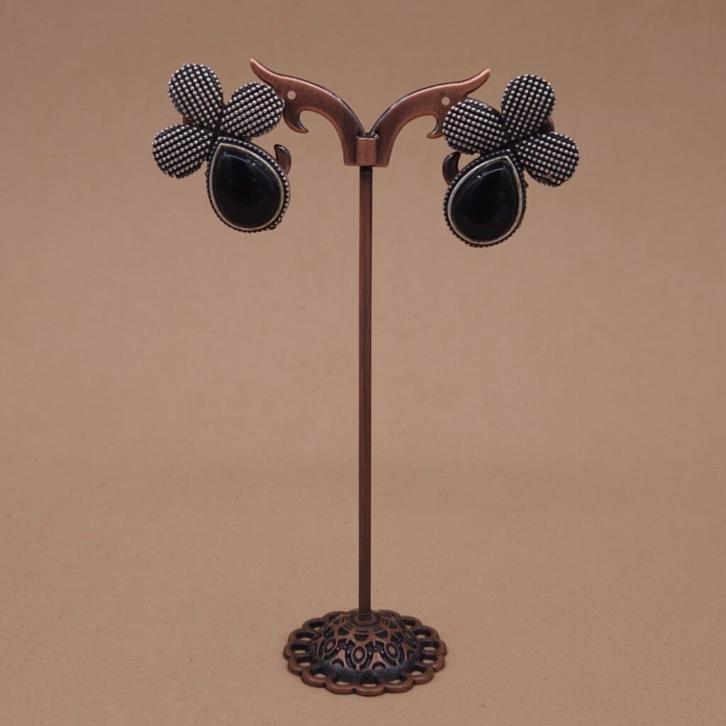 Handcrafted Anti-Tarnish Black Monalisa Stone Silver Replica Brass Floral Stud Earrings