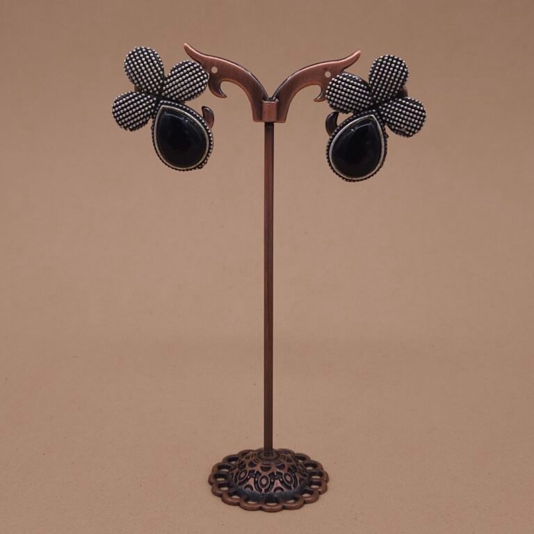 Handcrafted Anti-Tarnish Black Monalisa Stone Silver Replica Brass Floral Stud Earrings