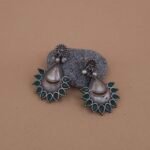 Handcrafted Antique Silver Replica Green Teardrop Brass Stud Earrings