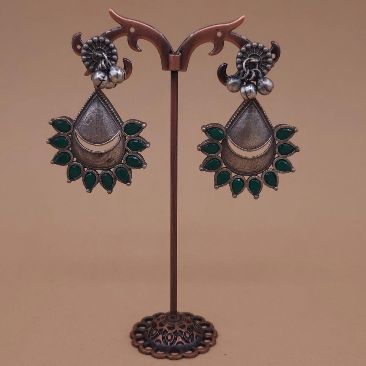 Handcrafted Antique Silver Replica Green Teardrop Brass Stud Earrings