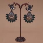 Handcrafted Antique Silver Replica Green Teardrop Brass Stud Earrings