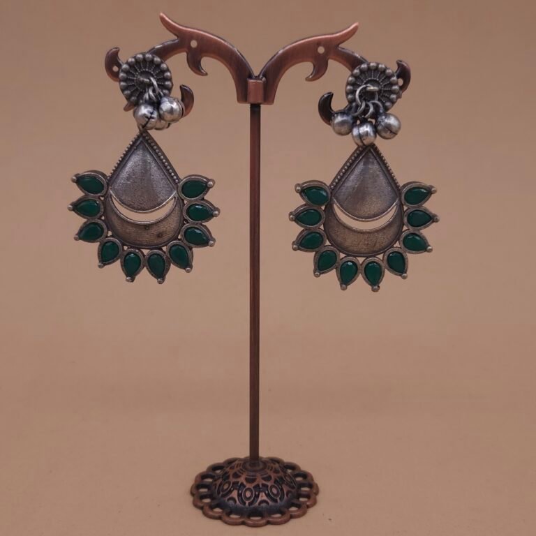 Handcrafted Antique Silver Replica Green Teardrop Brass Stud Earrings