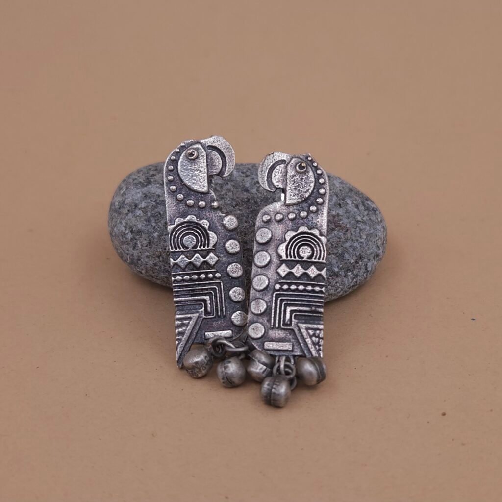 Handcrafted Parrot Motif Silver Replica Brass Dangler Earrings with Ghungroo