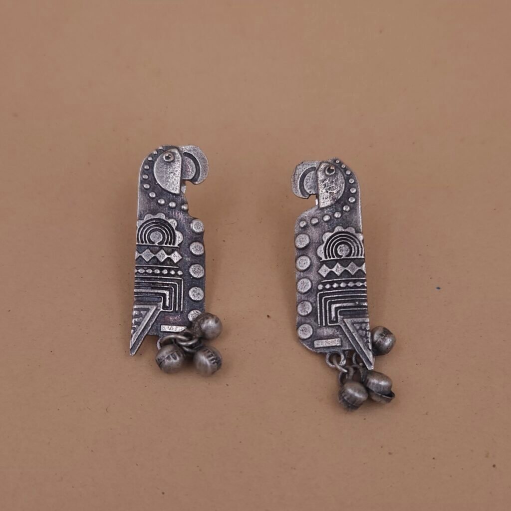 Handcrafted Parrot Motif Silver Replica Brass Dangler Earrings with Ghungroo
