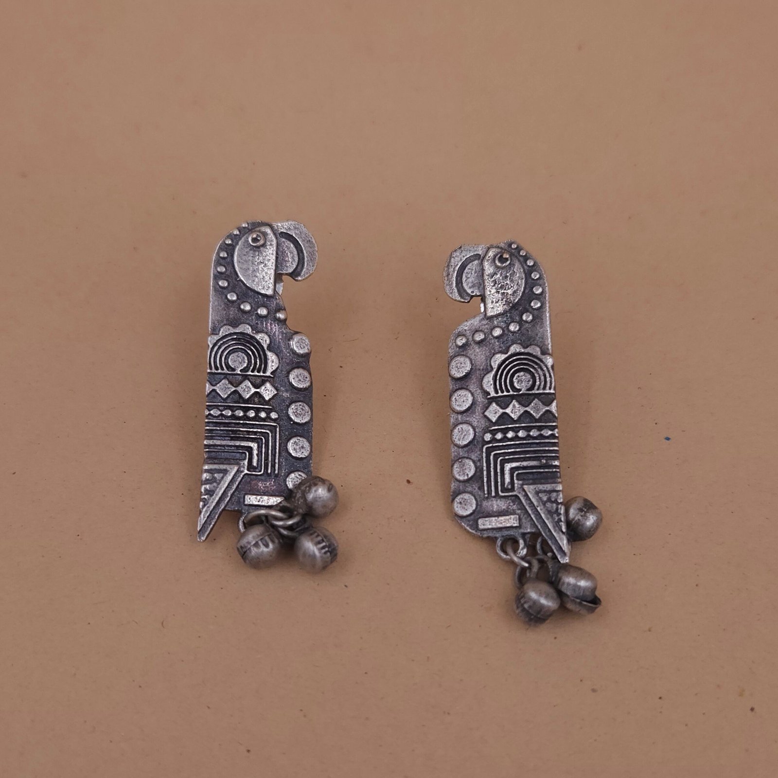 Handcrafted Parrot Motif Silver Replica Brass Dangler Earrings with Ghungroo Handcrafted Parrot Motif Silver Replica Brass Dangler Earrings with Ghungroo