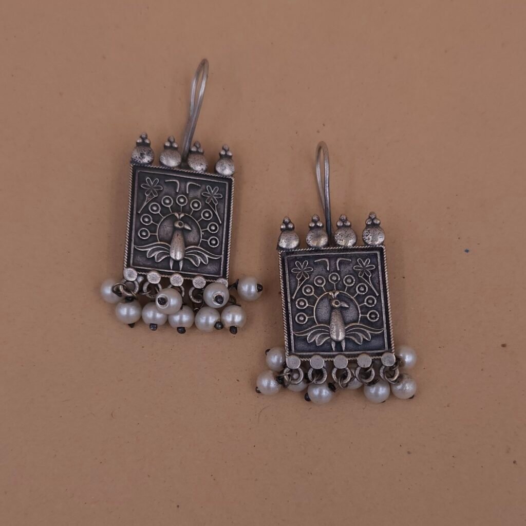 Handcrafted Square Peacock Motif Silver Replica Brass Earrings with Pearls