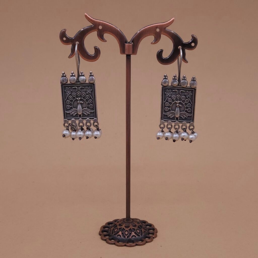 Handcrafted Square Peacock Motif Silver Replica Brass Earrings with Pearls