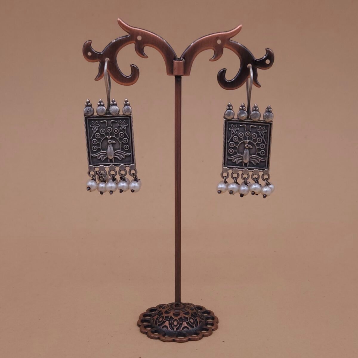 Handcrafted Square Peacock Motif Silver Replica Brass Earrings with Pearls