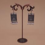 Handcrafted Square Peacock Motif Silver Replica Brass Earrings with Pearls