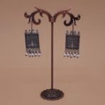 Handcrafted Square Peacock Motif Silver Replica Brass Earrings with Pearls