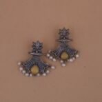 Handcrafted Floral Motif Silver Replica Brass Earrings with Yellow Stone & Pearls – Anti-Tarnish