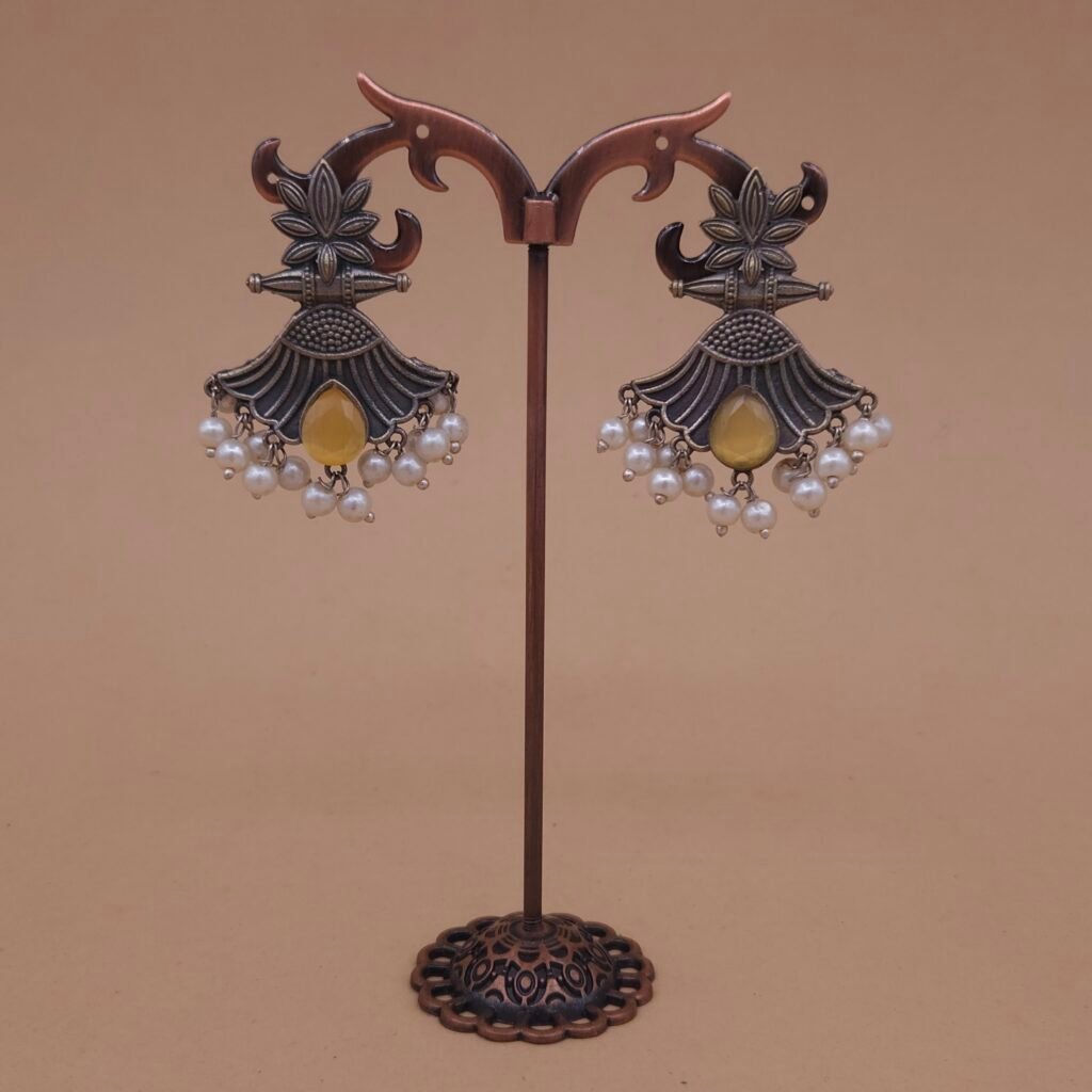 Handcrafted Floral Motif Silver Replica Brass Earrings with Yellow Stone & Pearls – Anti-Tarnish