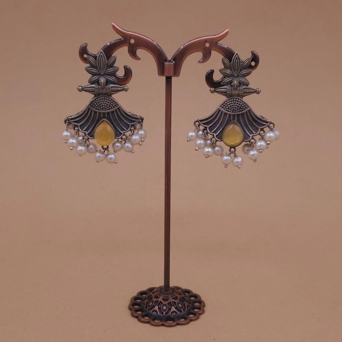 Handcrafted Floral Motif Silver Replica Brass Earrings with Yellow Stone & Pearls – Anti-Tarnish
