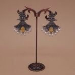 Handcrafted Floral Motif Silver Replica Brass Earrings with Yellow Stone & Pearls – Anti-Tarnish