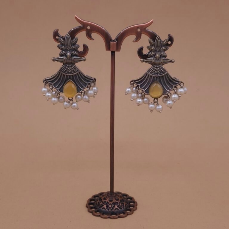 Handcrafted Floral Motif Silver Replica Brass Earrings with Yellow Stone & Pearls – Anti-Tarnish