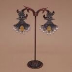 Handcrafted Floral Motif Silver Replica Brass Earrings with Yellow Stone & Pearls – Anti-Tarnish