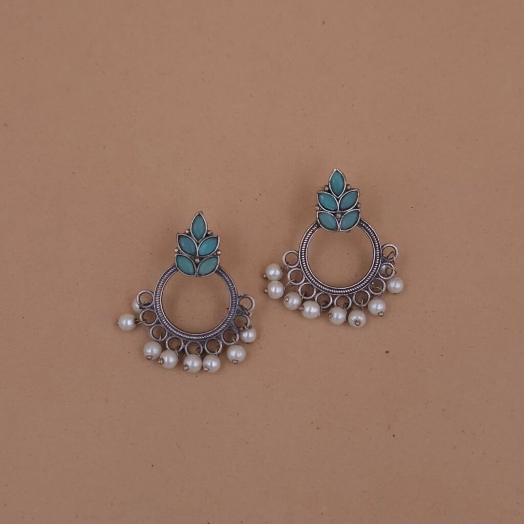 Handcrafted Green Leaf Motif Silver Replica Brass Circle Earrings with Pearls – Anti-Tarnish