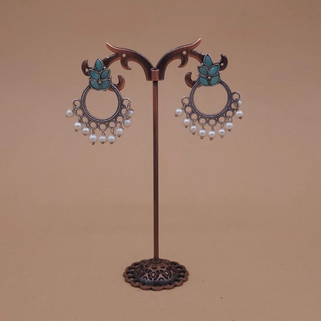 Handcrafted Green Leaf Motif Silver Replica Brass Circle Earrings with Pearls – Anti-Tarnish