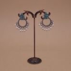 Handcrafted Green Leaf Motif Silver Replica Brass Circle Earrings with Pearls – Anti-Tarnish